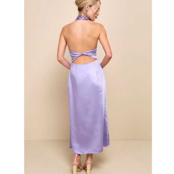 Lulus Perfectly Sleek Lavender Satin Halter Slip Midi Dress, #2302171, Sz M, $40 - Picture 2 of 14